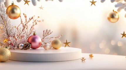 Modern 3D podium surrounded by golden holiday ornaments and glowing star decorations, set against a soft, wintry background