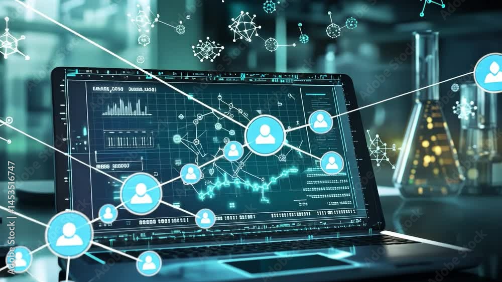 Poster data analysis on a laptop: a cutting-edge laptop display revealing intricate data visualizations and