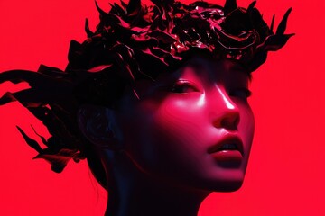 Fototapeta premium Radiant figure emerges, adorned with intricate headpiece, bathed in intense red light