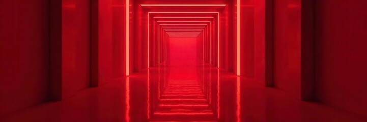 Crimson glow reflects on polished floor, deep red passage , shine, light