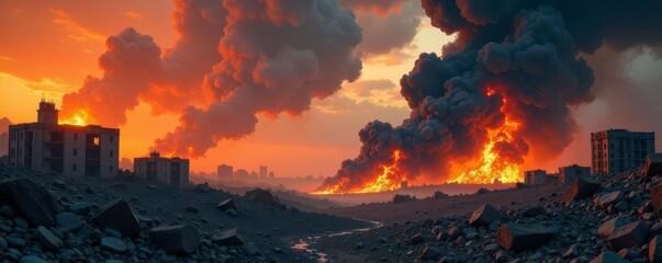 Crumbling structures, billowing smoke, fiery wreckage, infernal, wreckage