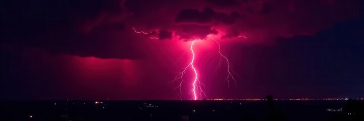 Crimson lightning bolt streaks across black night, image, storm, flash