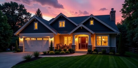 Dusk illuminates Craftsman home, warm lights glow within & without , home, lighting, nighttime