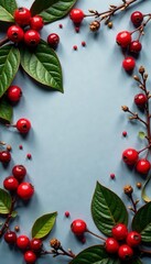 Dried bay leaves & vibrant berries, softly lit gray backdrop , healthy, berries