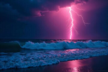 Fierce lightning illuminates churning waves, dark sky , seafoam, grey, force