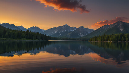 Golden Hour in the Mountains by a Peaceful Lake

