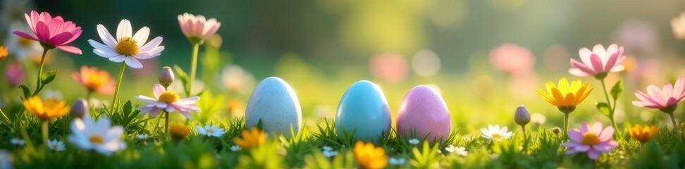 Hidden pastel eggs amongst wildflowers, small shadow cast, bunny, vibrant