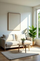 Minimalist living room, natural light, plants, wall, simple