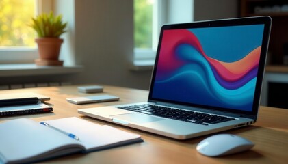 Modern office setup, laptop & essential tools, minimal, digital