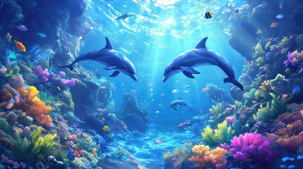 Fototapeta premium Two Dolphins Swimming Through a Vibrant Coral Reef