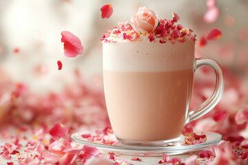 Pink flowers bloom atop a cup of coffee.