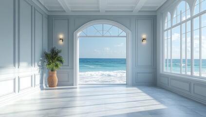 Fototapeta premium Light-filled, seaside interior with pale blue walls.