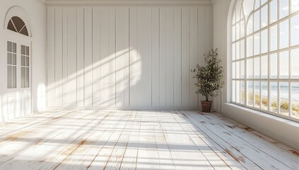 Sun-drenched, minimalist interior design with ocean view.