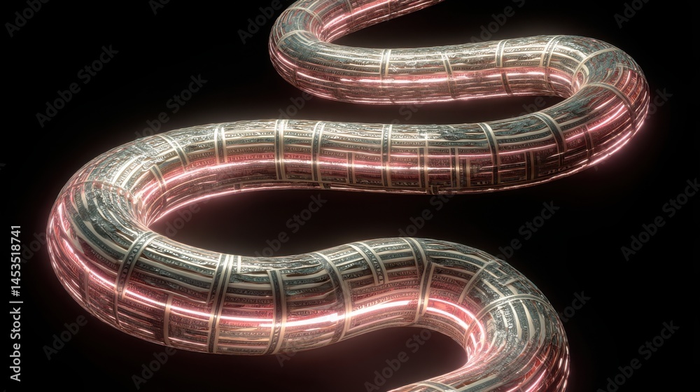 Poster unique snake-shaped object representing algorithmic income path concept for machine-generated proces