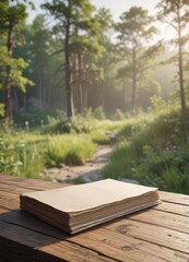 Blank landscape booklet mock-up on rustic wood, blurred nature backdrop, marketing, landscape, catalog
