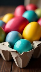 Vibrant dyed eggs nestled in a rustic cardboard egg carton , texture, food