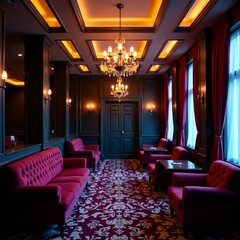 Velvet seating, ornate chandelier, low lighting, dim lighting, artwork