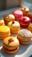Vibrant macarons, croissants, ?clairs bathed in sunlight , French pastries, croissant