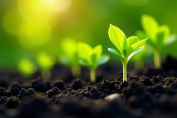 Vibrant green seedlings thrive in dark soil, bathed in sunlight , green, roots, bright