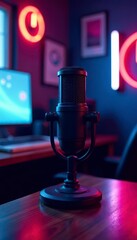 Vibrant retro mic & neon lights Futuristic podcast studio , neon, podcast