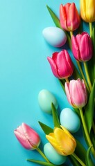 Vibrant tulips & pastel Easter eggs on blue Spring freshness , photography, joyful