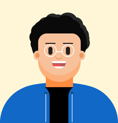 Smiling cartoon man with glasses in a blue jacket, animated only through eye movement for a playful and expressive touch in this clean vector design