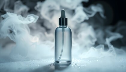 Naklejka premium Glass bottle, spray bottle, mist, fog, atmospheric, ethereal, blue tones, product photography, dramatic lighting, smoke effect, mysterious ambiance, cosmetic packaging, perfume bottle, luxury product