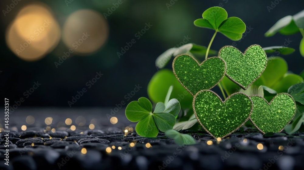 Fototapete green-themed image with layered shamrock design in heart patterns and glittery details