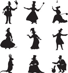 Silhouette Art: Victorian Era Figures in Top Hats, Dresses, and a Kangaroo - Vintage Style Illustration for Graphic Design Projects