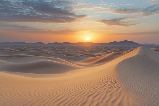 Vast desert landscape at sunrise.