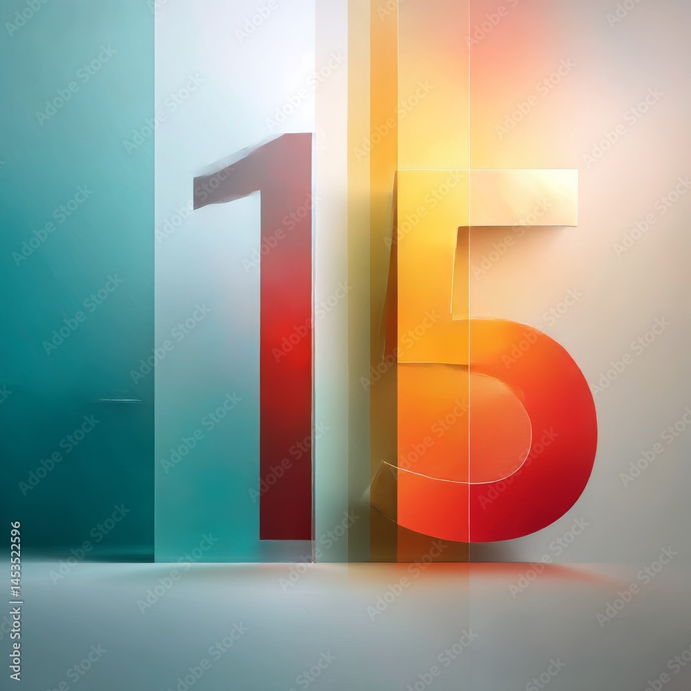 Leinwandbilder abstract fifteen: modern color block design with red-orange number on a gradient background