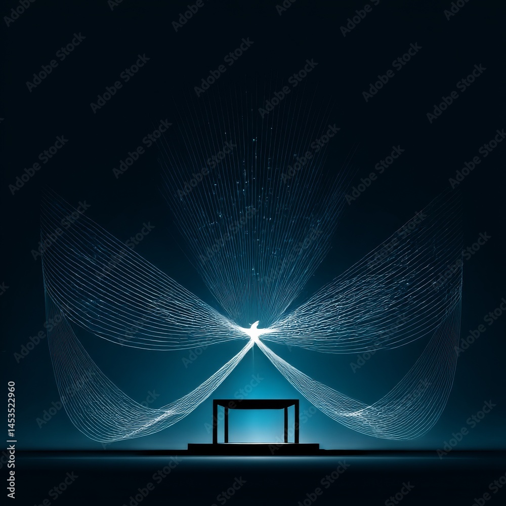 Poster celestial stage: a minimalist platform bathed in ethereal light and abstract line art on dark blue b