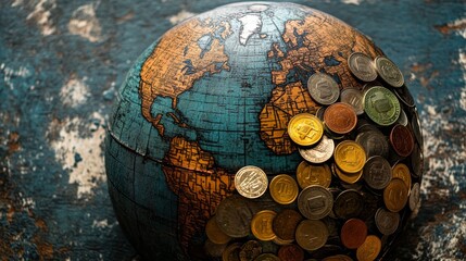double exposure of a globe with trade routes overlaid with various currencies and coins, symbolizing global trade and finance