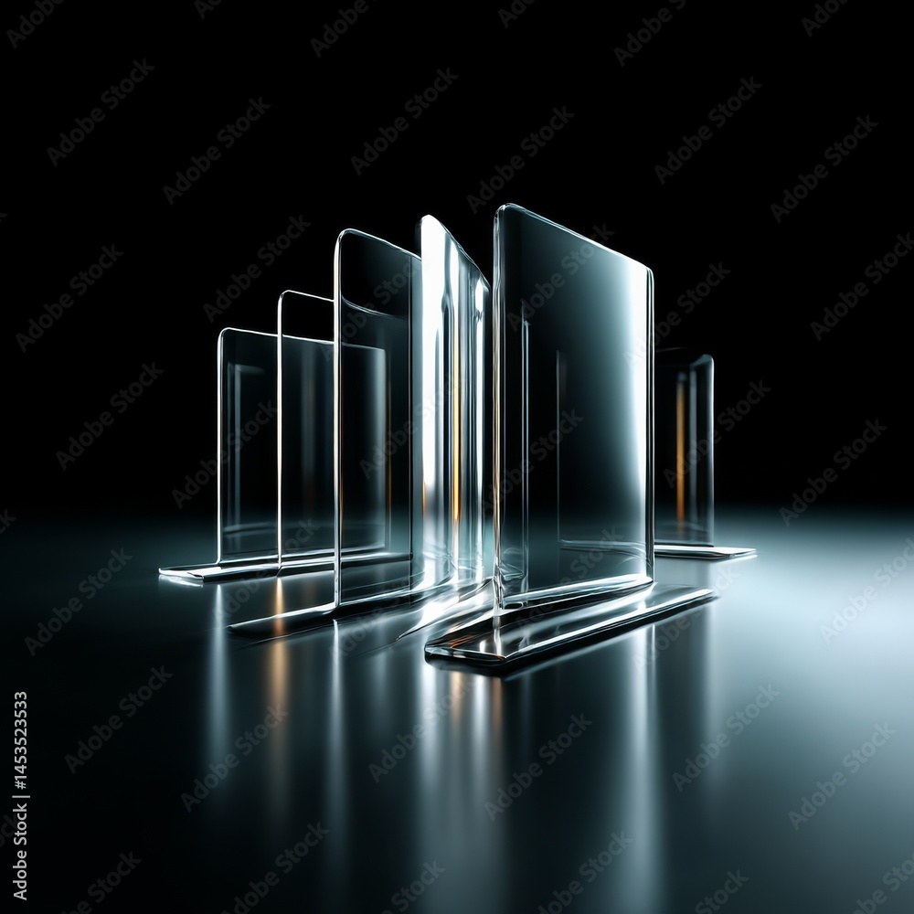Leinwandbilder sleek transparency: abstract array of clear acrylic displays reflecting light on dark surface, minim