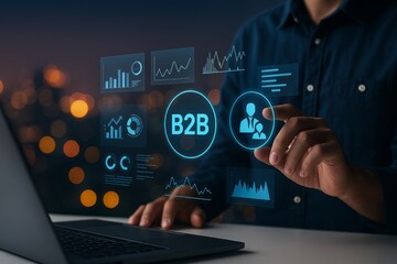Business to Business Marketing Strategy Digital Technology Data Analytics Modern Businessman Working on Laptop B2B Partnership Growth Success Financial Charts Graphs Global Network Online             