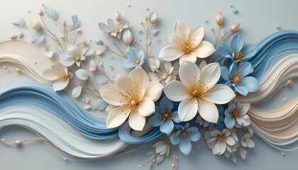 Elegant 3D floral background with pastel blue and beige paper-cut flowers, golden details, and flowing wave elements. Ideal for wedding invitations, luxury branding, beauty product packaging, or digit