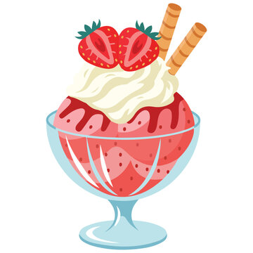 Strawberry ice cream sundae isolated vector illustration on white background