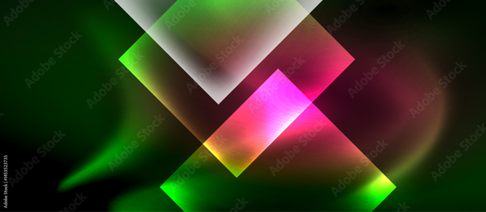 Poster abstract geometric shapes overlap, creating vibrant pink, green hues. background is dark, emphasizin