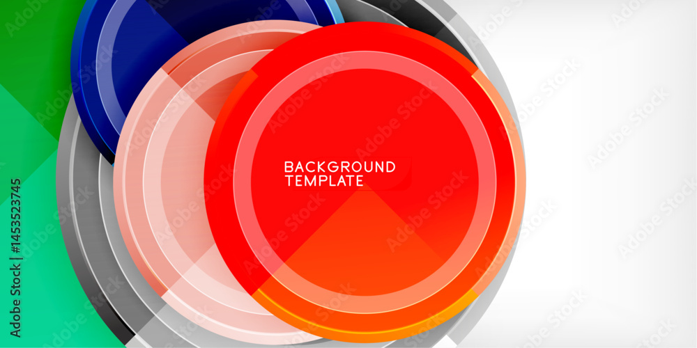 Poster Abstract circles overlap, creating vibrant visual effect. Bright colors contrast dark background. Modern design element.