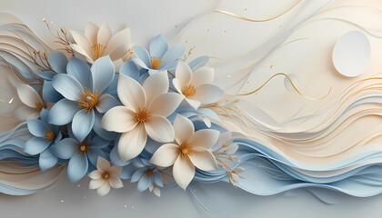 Elegant 3D floral background with pastel blue and beige paper-cut flowers, golden details, and flowing wave elements. Ideal for wedding invitations, luxury branding, beauty product packaging, or digit