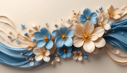 Elegant 3D floral background with pastel blue and beige paper-cut flowers, golden details, and flowing wave elements. Ideal for wedding invitations, luxury branding, beauty product packaging, or digit