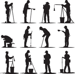 Obraz premium Silhouetted Land Surveyor Vector Illustration: Construction, Engineering, Topography, Mapping, and Geomatics Professionals at Work in Black and White