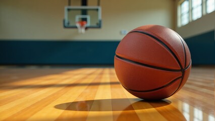Fototapeta premium Basketball On Wood Court Near Hoop