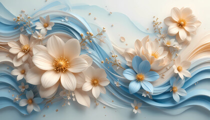 Elegant 3D floral background with pastel blue and beige paper-cut flowers, golden details, and flowing wave elements. Ideal for wedding invitations, luxury branding, beauty product packaging, or digit