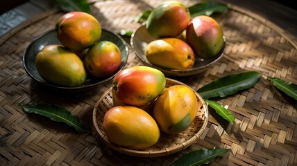 Ripe Mangoes in Bowls on Woven Bamboo Mat with Leaves