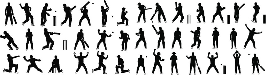 Cricket Silhouettes Set Featuring Batting, Bowling,Fielding Actions an winning actions