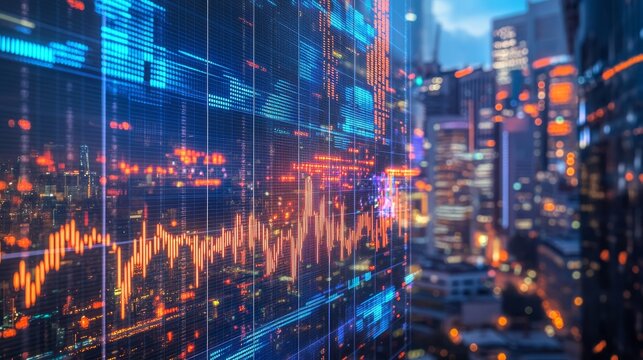 double exposure of a stock market ticker and financial charts overlaid with a bustling city skyline, symbolizing economic activity - Powered by Adobe