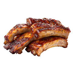 Juicy bbq ribs featured in high-resolution studio image with isolated white backdrop highlighting smoky surface, rich texture, and visual appeal