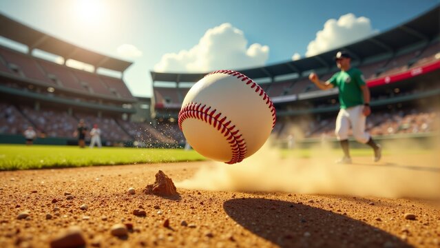 Baseball In Action At Stadium Ground