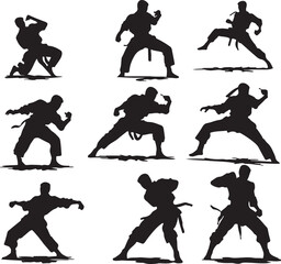 Martial Arts Silhouettes: Ninja Warriors in Action - Karate, Kung Fu, and Self-Defense Poses - Vector Graphics for Design Projects and Illustrations © Parvin